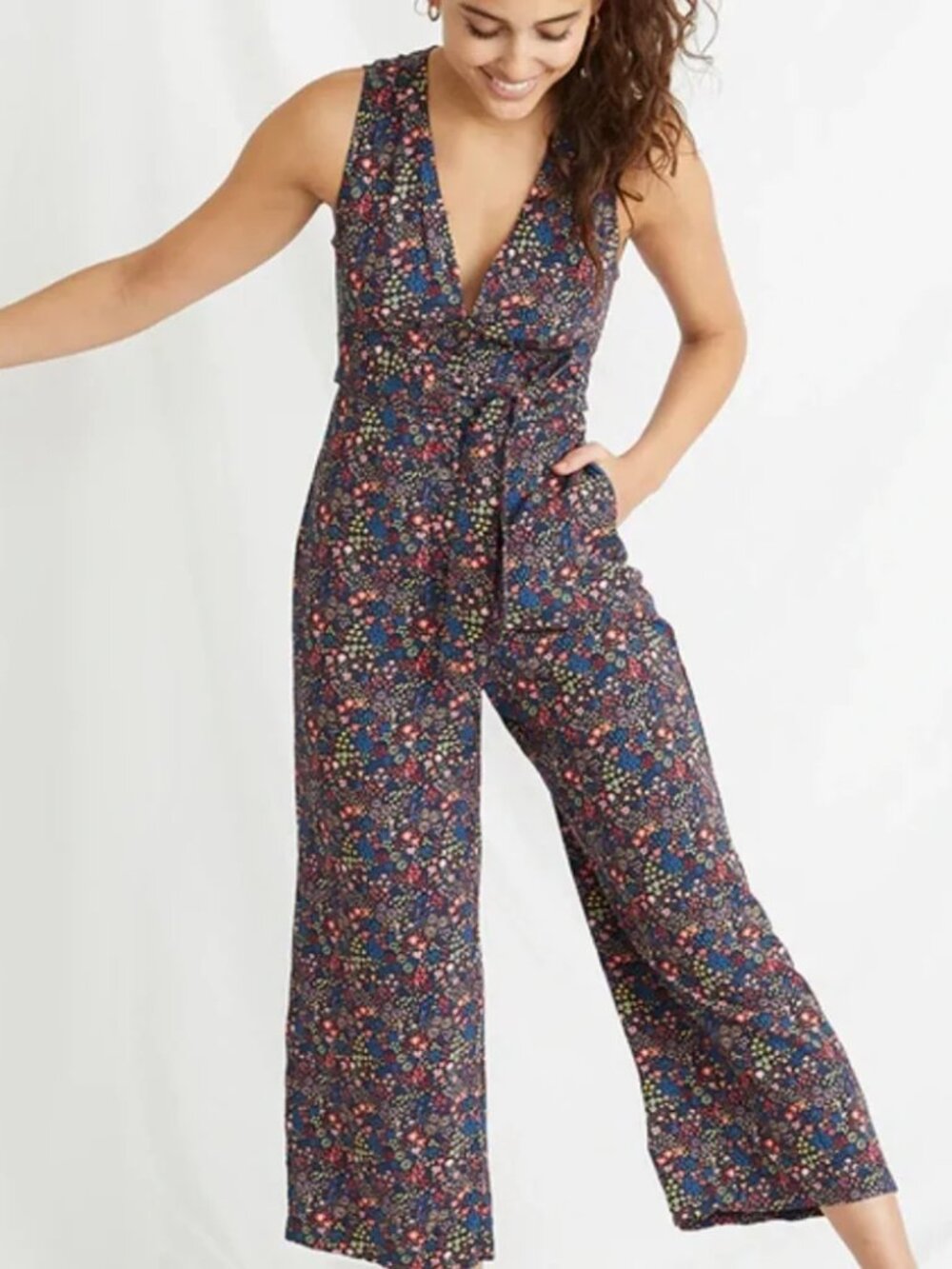 Marine Layer Holli Jumpsuit Sleeveless Floral Pockets V Neck Wide Leg Blue Large - Picture 6 of 7